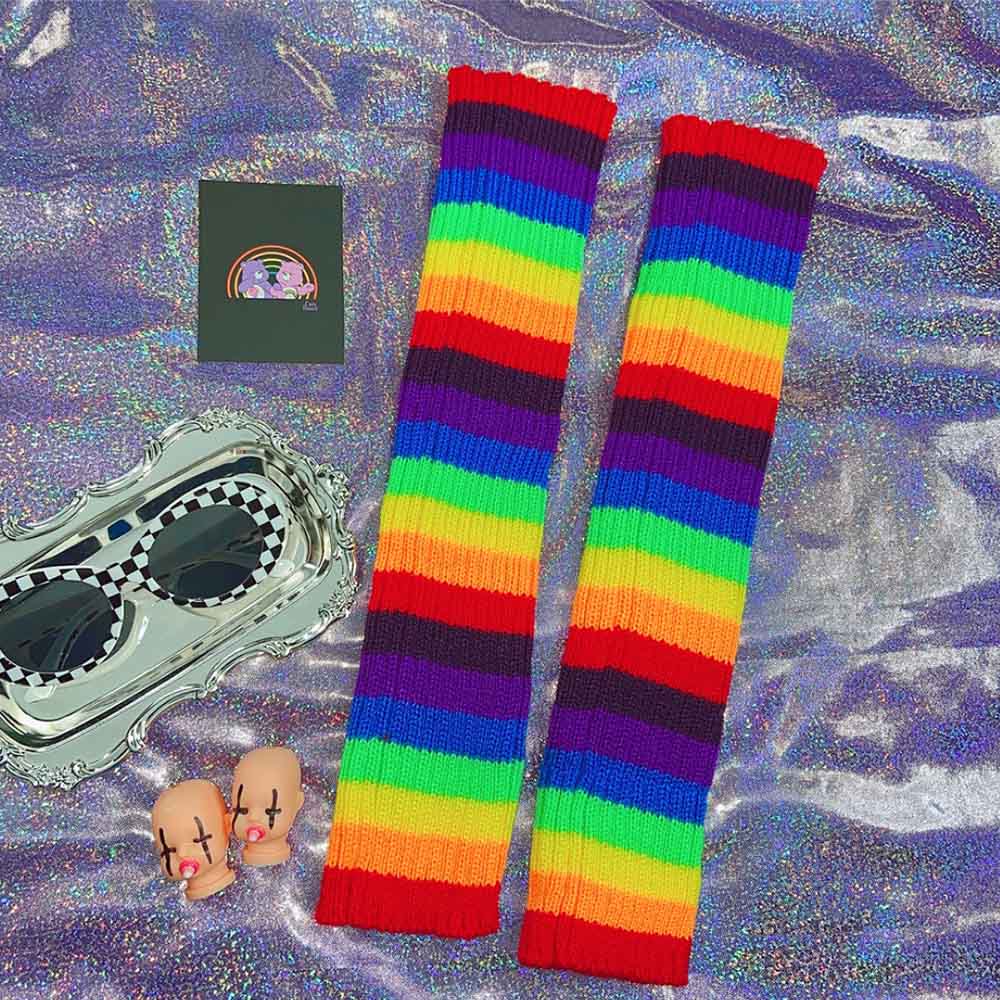 Y2K Punk stałe fajne dzianiny długie skarpetki dziewczyny odkryty kolana wysokie elastyczne getry 2000s pani ciepłe gotyckie Hip-hop Rock skarpety: rainbow