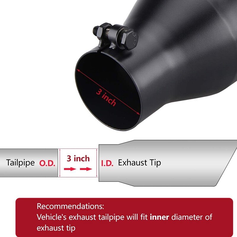 Auspuff Spitze 3 Zoll Einlass 5 Zoll Auslauf 12 Zoll Gesamtlänge Bolzen auf Edelstahl Schwarz Auspuff Endrohr