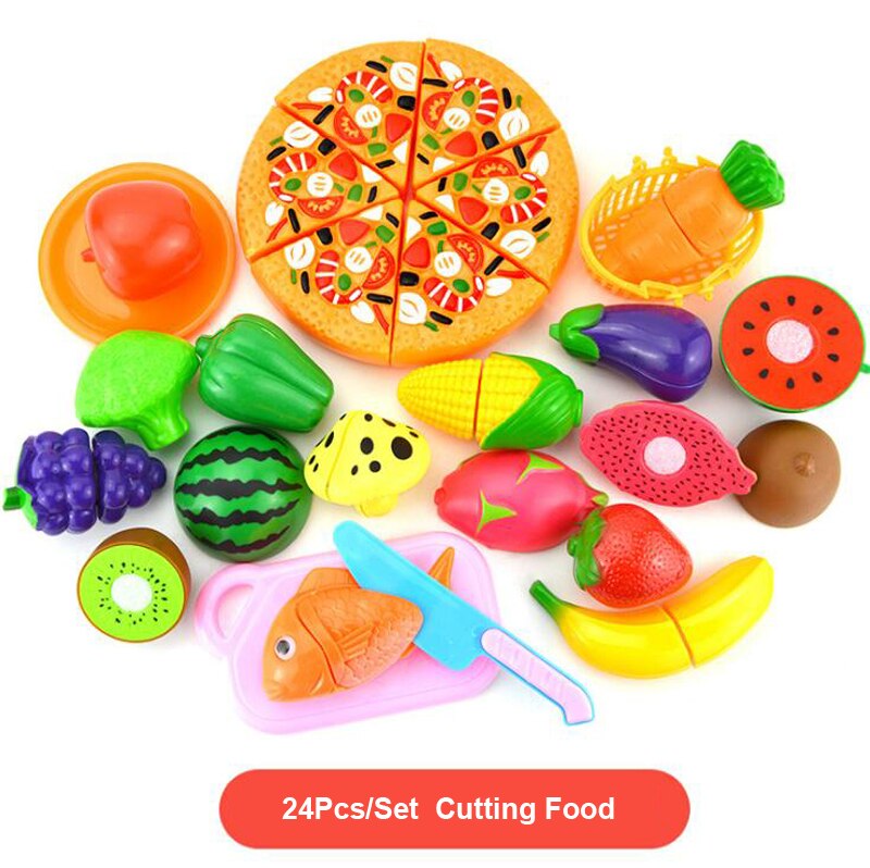 Children Pretend Play Set Plastic Food Toy DIY Cake Toy Cutting Fruit Vegetable Food Pretend Play Toys For Kids Educational: A2401 Pizza 24Pcs