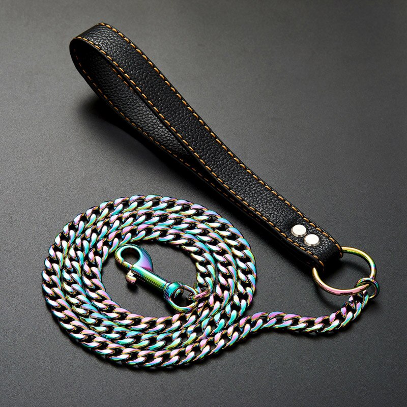 Colorful Heavy Duty Dog Chain for Big Dogs Pitbull Gold Stainless Steel Dog Leash with Leather Handle Pet Stuff Accessories: colorful