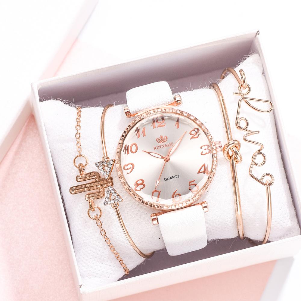 Leather Watches Women Bracelet Set 5PCS Simple White Band Causal Dress Clock Ladies Sports Wrist Watch