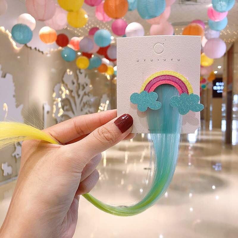 Girls Hairpiece Hair Clip Wig Hairpins Headwear Barrettes Baby Kids Wiggery Hair Pins Children Headdress Hair Accessories: Rainbow