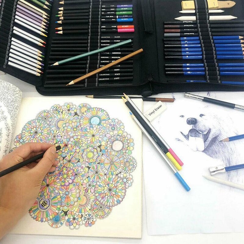 -51Pcs/Set Drawing Kit Wood Pencil Sketching Pencils Art Sketch Painting Supplies with Carrying Bag