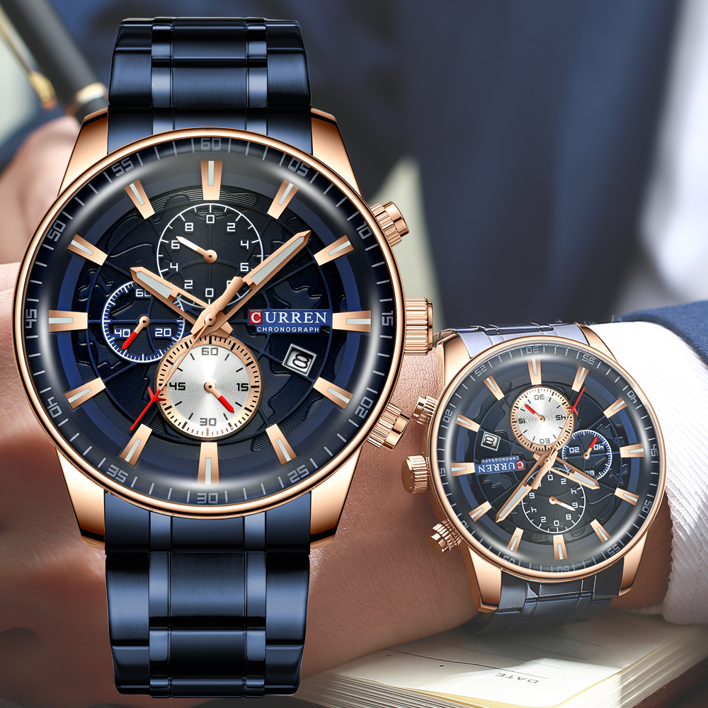 Curren Horloges Heren Mode Sport Horloge Met Chronograaf Lichtgevende Handen Klok Mannelijke Horloge Blauw Rvs Band