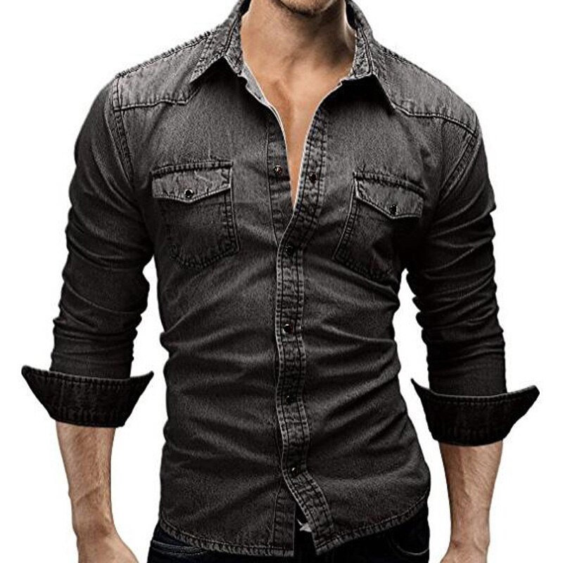 Menn casual denim skjorter merkevare langermet skjorte herre ensfarget slim fit dress skjorter camisa masculina streetwear topper: Mørk grå / Asiatisk størrelse  m 155cm