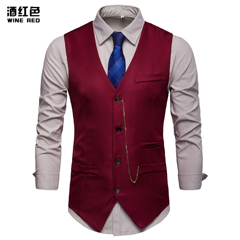 MIAMOOM Men Smart Casual Vest Single Breast Fit Mens Suit Vest: Burgundy / S