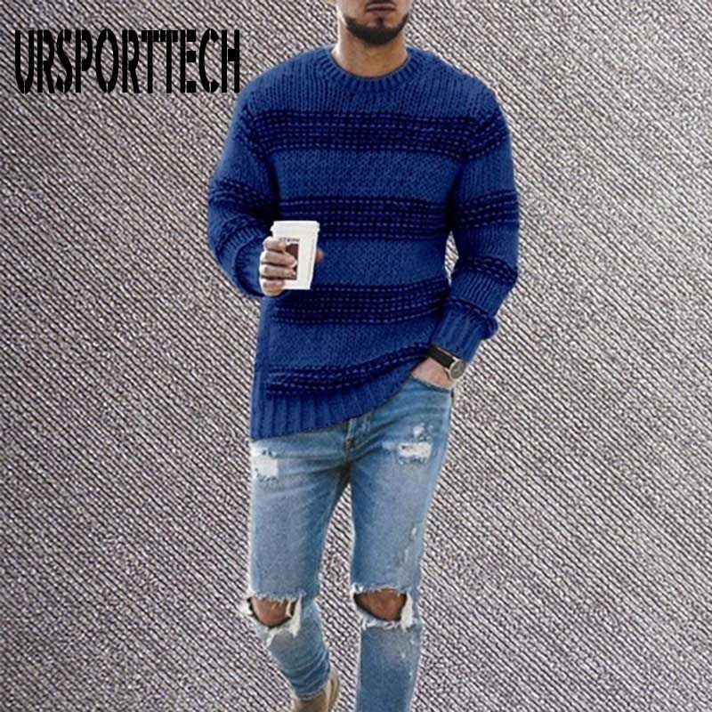 Mærke herresweater efterår vinter pullover uld slim fit striktrøje stribet herretøj afslappet patchwork pull homme: Blå / Xl