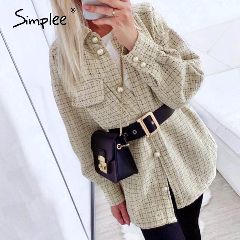 Simplee elegancka perła tweedowa koszula w kratę kobiety jesienno-zimowa dorywczo luźna długi nadwymiarowe koszula główna ulica moda damska bluzka