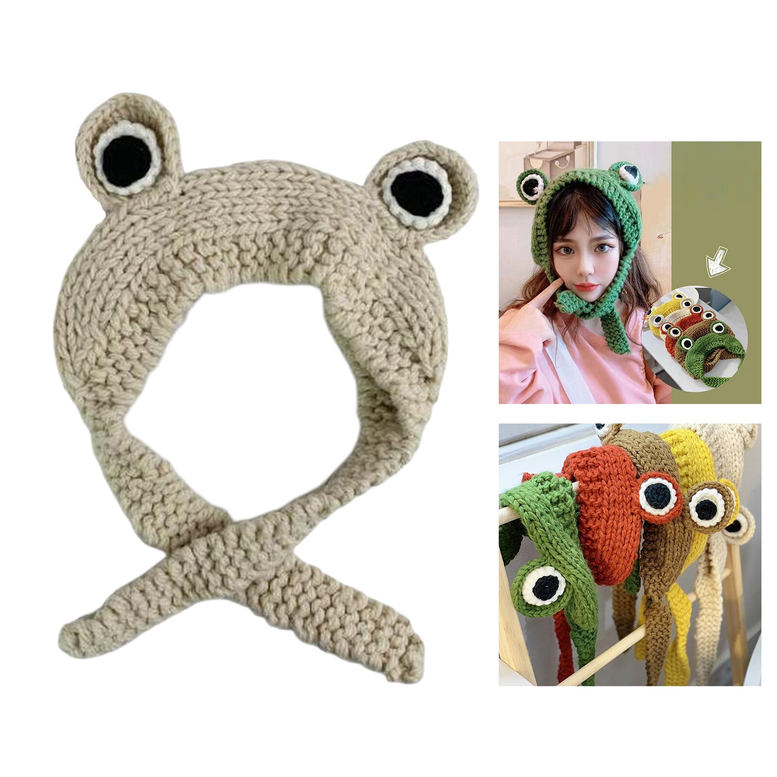 Damskie czapki zimowe śliczne żaby szydełkowe duże dzianiny dla dziewczynek czapka śliczna żaba oczy splot dzianiny Skullies czapka typu czapka bez daszka