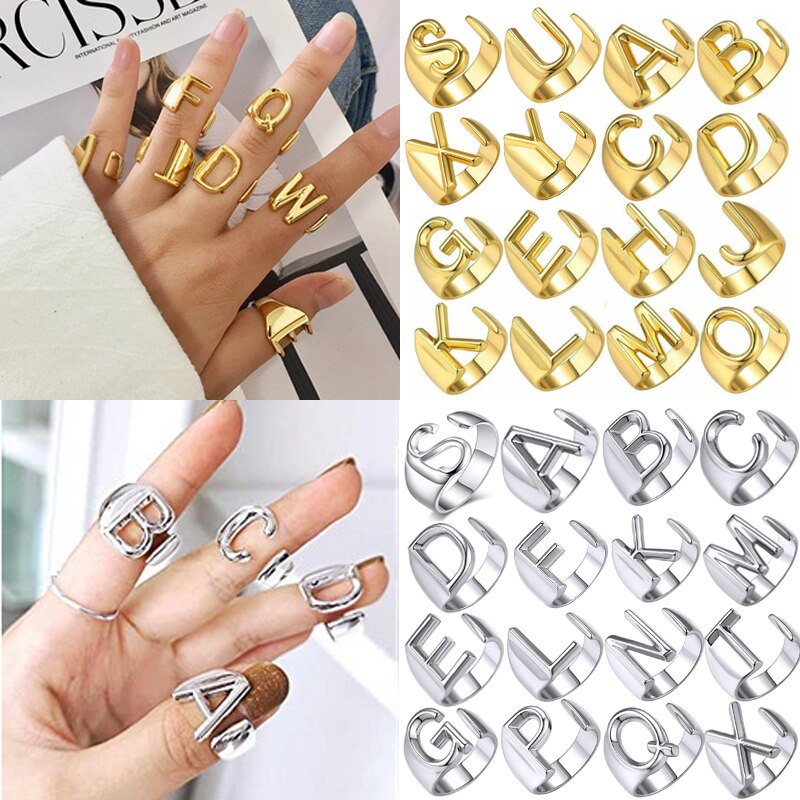 Rinhoo A-Z 26 Letter Initials Ring For Women Trendy 3 Color Name Alphabet Chunky Adjustable Finger Female Party Jewelry Men