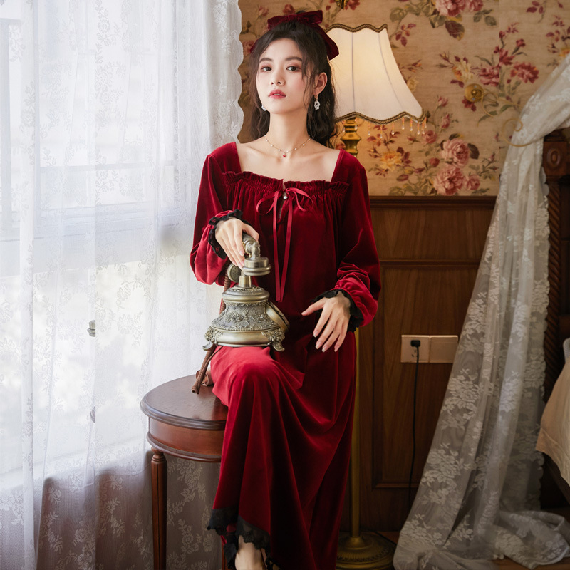 Camisón romántico de terciopelo para mujer, bata cálida de princesa, ropa de dormir Vintage victoriana, vestido de noche para mujer, Otoño e Invierno: Burgundy / XL