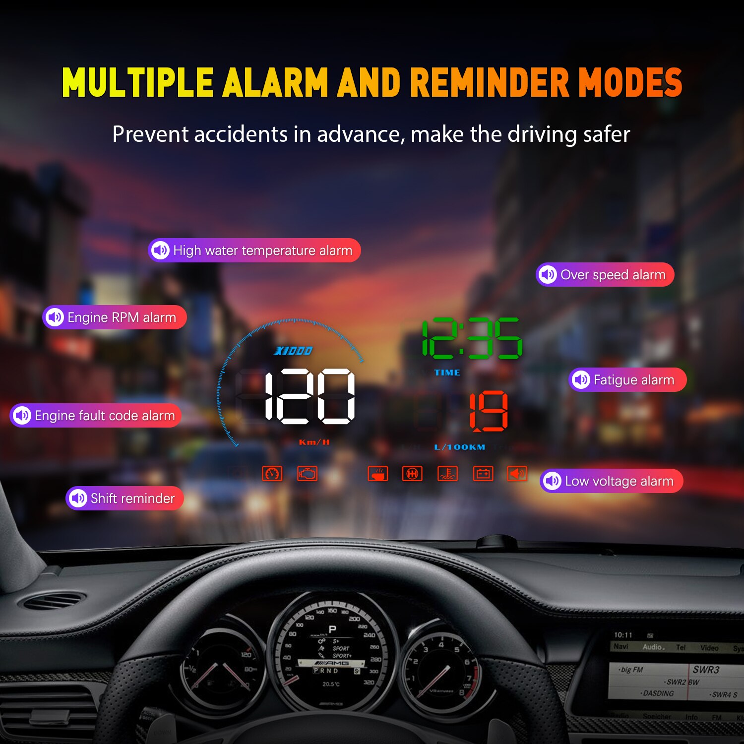 WYING Affichage Tête Haute Voiture OBDII EUOBD Pare-Brise Projecteur HUD Changement Rappel Temp D'eau TR/MIN consommation alarme de vitesse