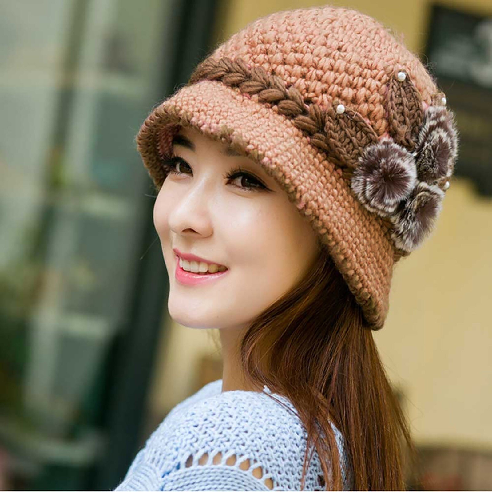 Women Lady Winter Warm Crochet Knitted Flowers Decorated Ears Hat Winter Knitted Thick Warm Cap Retro Hat#40: Pink