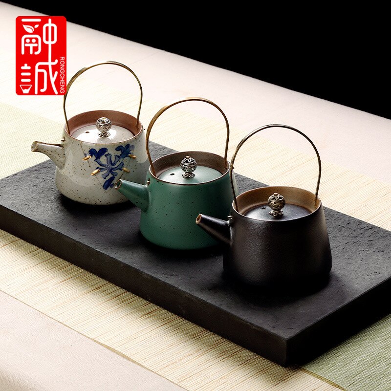 Vintage Tea Loop-handled Teapot Ceramic Retro Tea Making Device Household Copper Handles Single Teapot Tea Kettle Japanese Style