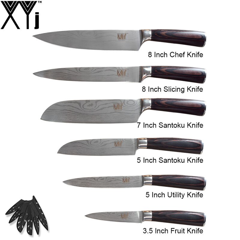 Xyj 6 stk rustfritt stål kjøkkenkniv høy karbon skarpt blad bøy håndtak kokk skjæringe santoku nytte skjærekniver: En.