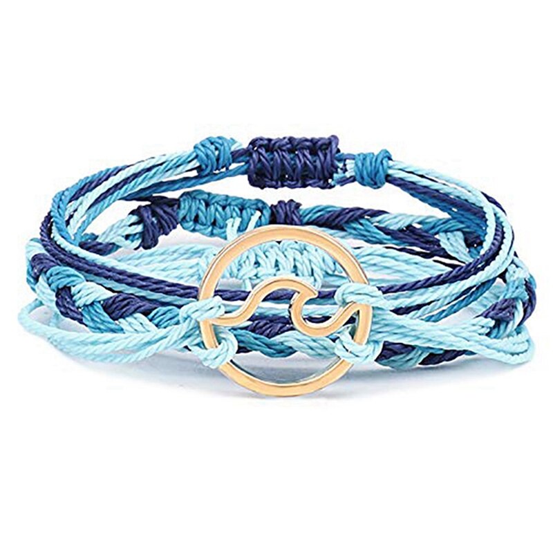 3 verstellbare freundschaftsarmbänder mit surferwellenmotiv und 5 blau-grüne strand-fußkettchen mit seilanhänger und wellenmotiv