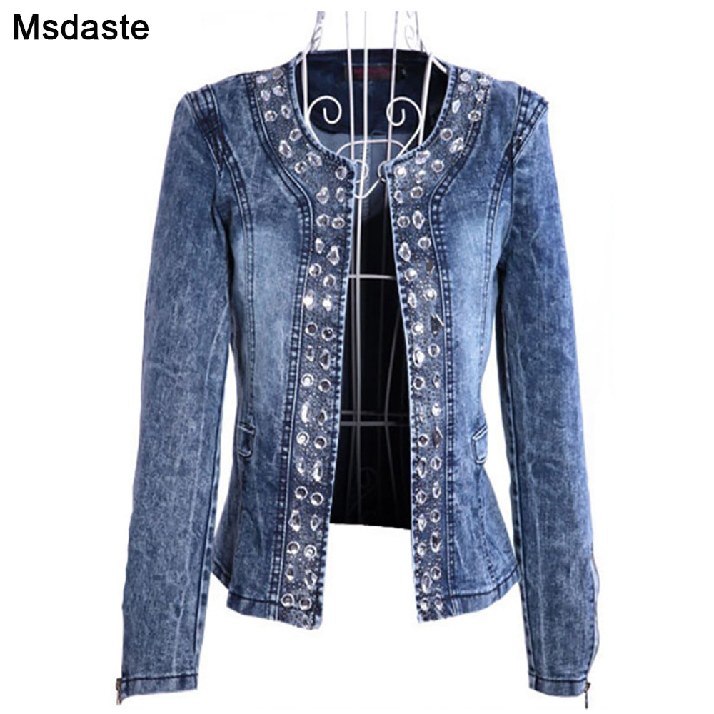 Denim Jackets for Women Diamonds Paillette Woman Coats Blaser Vintage Water-Wash Casual Lady Jeans Cardigan Jaqueta Feminina