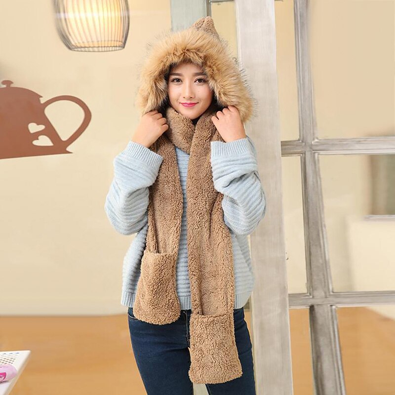 Dames meisjes muts sjaal handschoen driedelig trendy winddicht fietsen schattig pluche koraal fluweel warme capuchon sjaals handschoenen: Koffie