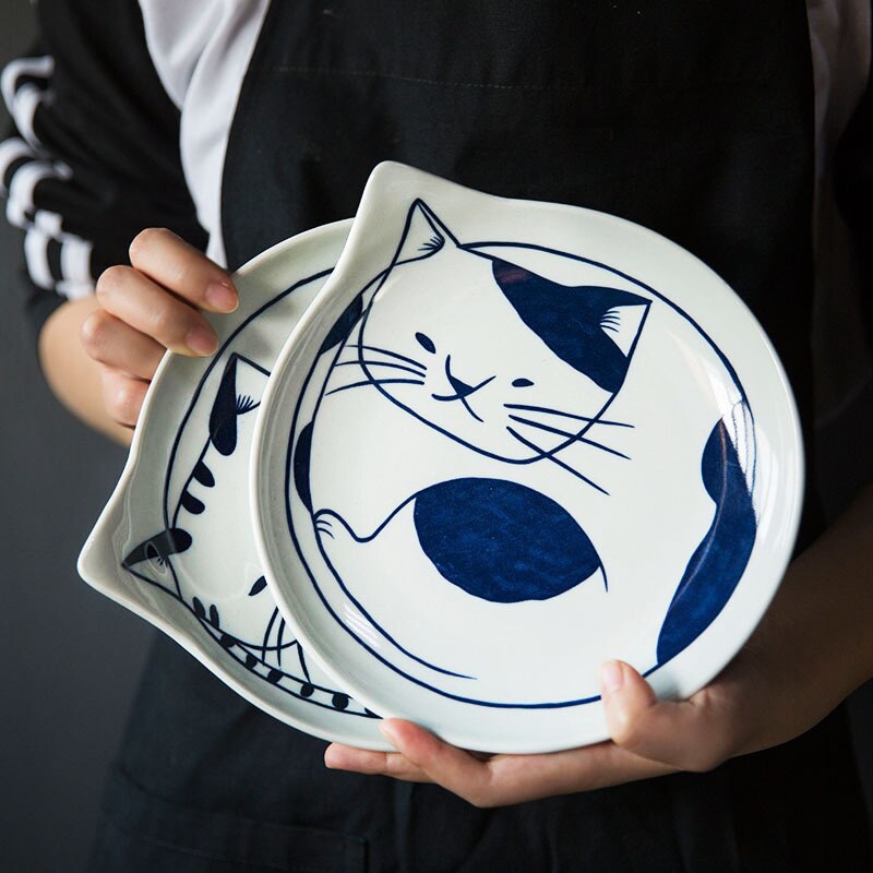 Assiettes en forme de larme en céramique de Style japonais ensembles de vaisselle de fruits dessin animé mignon motif de chat chanceux