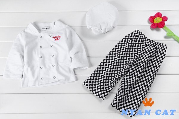 Sød baby spædbarn toddler kok bomuld kostume 3 stykke tøj hat + hvid top + plaid bukser til drenge piger dragter