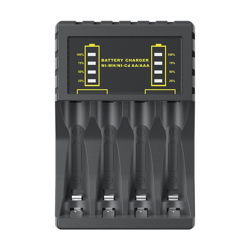 4 Slot Battery Charger Rechargeable Batter Charger With LED Display Indicator USB Charger Cable For AA/AAA Ni-MH/Ni-Cd Batteries: black