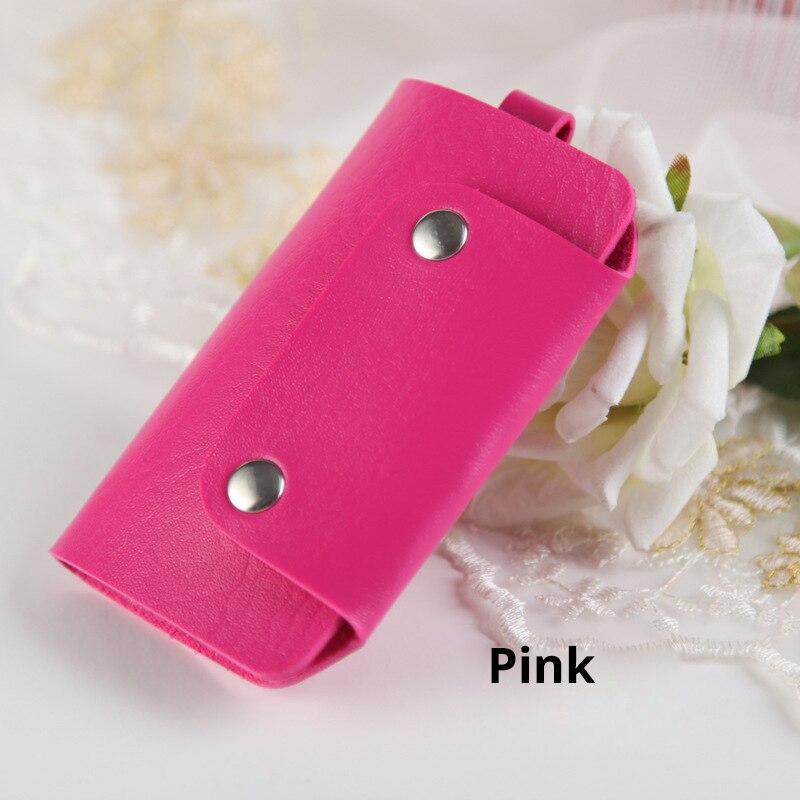 Leather Key Holder Candy Color Vertical Square Key Bag Mini Door Car Key Wallet Car Key Holder Keychain Pouch Ring Cover Holder: Pink