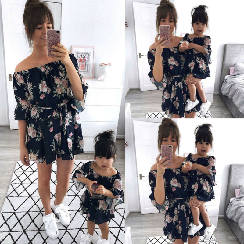 Mother Daughter Dresses Floral Summer Off shoulder A-Line Belt Mom Girls Dresses Family Matching Outfits Sundress