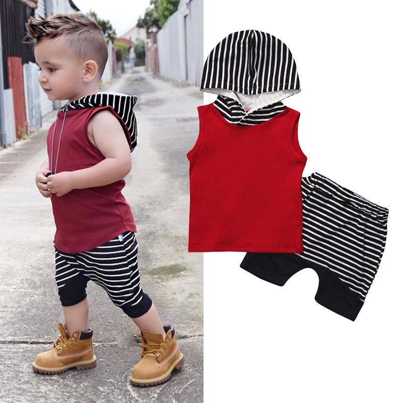 Newborn Outfit Baby Boys Clothes Set Red Hooded Sweatshirt Tops Striped Pants Sleeveless Hoodie Infant Born Baby Clothes Set
