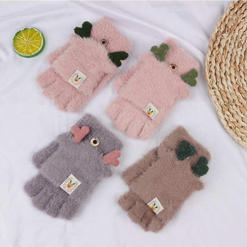 Dzianinowe rękawiczki bez palców dla dziewczynek ciepłe Faux futrzane mitenki dziecięce zimowe pół z efektem poruszania palcem okładka maluch prezent akcesoria dla dzieci