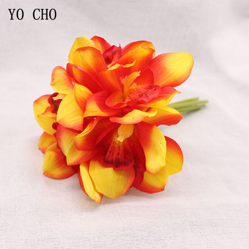 YO CHO Nep Orchidee Bloem DIY Bruidsmeisje Boeket Bruiloft Bloem 6 Heads Orchidee Boeket Bloemstuk Groen Thuis Party Decor: orange