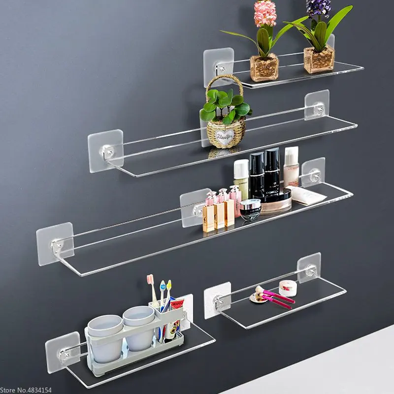 Estante de pared acrílico transparente de 20-50cm, organizador de almacenamiento flotante para baño/cocina, estante montado transparente grueso para decoración