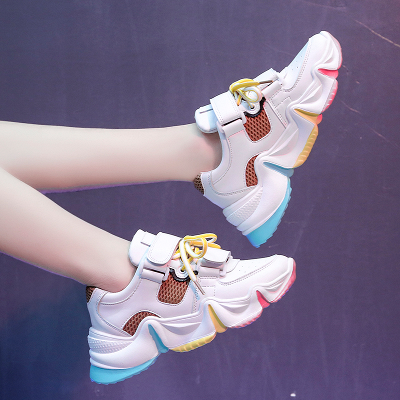 Fujin dames sneakers lente dikke onderkant gemengde kleuren regenboog onderkant vrijetijds ademend platform veter damesschoenen: Geel / 6