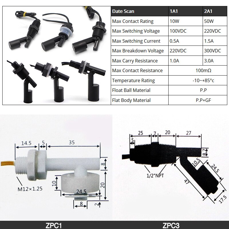 5 Pcs ZPC3 100V 220V Vloeistof Vlotter Water Niveau Sensor Side Mount Vlotterschakelaar Veilig