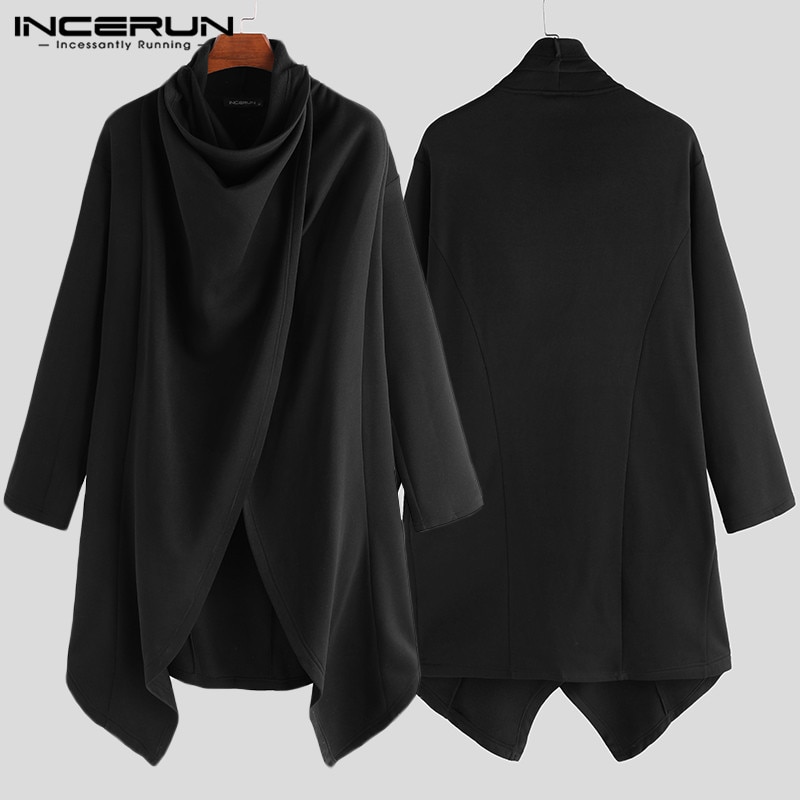 Incerun Mannen Mantel Jassen Coltrui Solid Lange Mouwen Streetwear Casual Mannen Cape Bovenkleding Punk Stijl Onregelmatige Zoom Jassen S-5XL