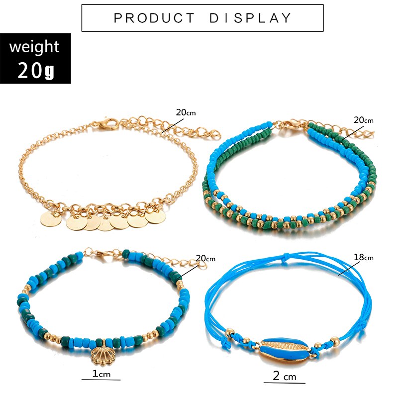Docona 4Pcs Boho Shell Kralen Enkelbandje Set Voor Vrouwen Multilayer Verstelbare Sequin Hanger Voet Ketens Strand Sieraden Tobillera 8792