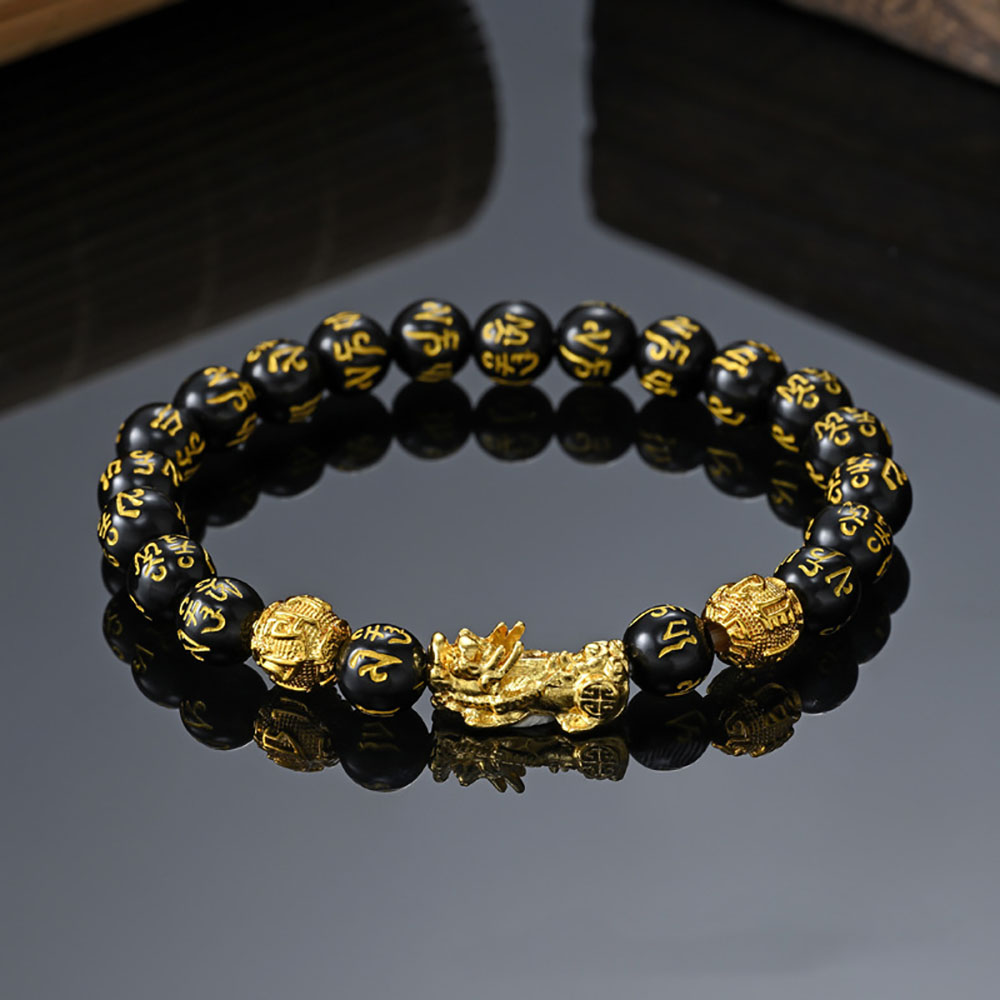 FengShui Wealth And Luck Bracelet, Feng Shui Black Obsidian Pixiu Wealth Bracelet Prosperity Buddha Beads Elastic Bracelet: black / Hot Stamping