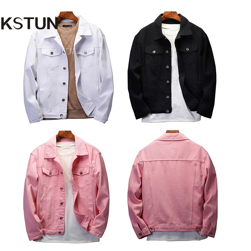 Kstun denim jakke til mænd sort jean jakke ensfarvet hvid pink herre jakker regular fit jeans jakke mode chaqueta vaquera