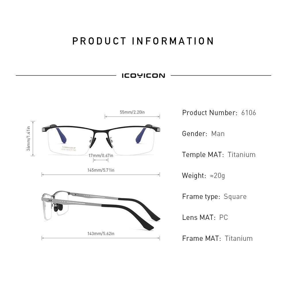 Men's Titanium Glasses Frame Square Half-frame Myopia Eyewear Ultralight Optical Eyeglasses icoYicon 6106