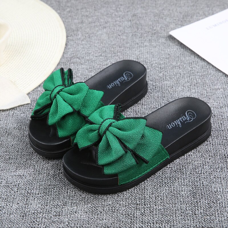 Slippers Teen Girls Summer Bowknot Slippers Korean Children Wild Thick Sandals Non-slip Beach Shoes Slippets: Green / 37