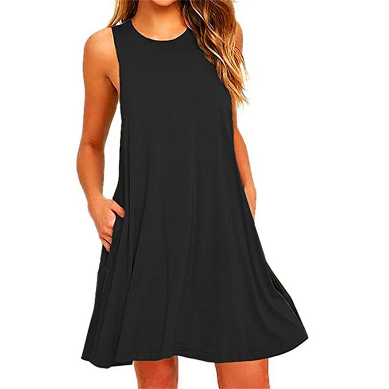 Damesjurk Zomer Casual T-shirtjurken Strand Cover-up Effen geplooide tankzakkenjurk: S / Black