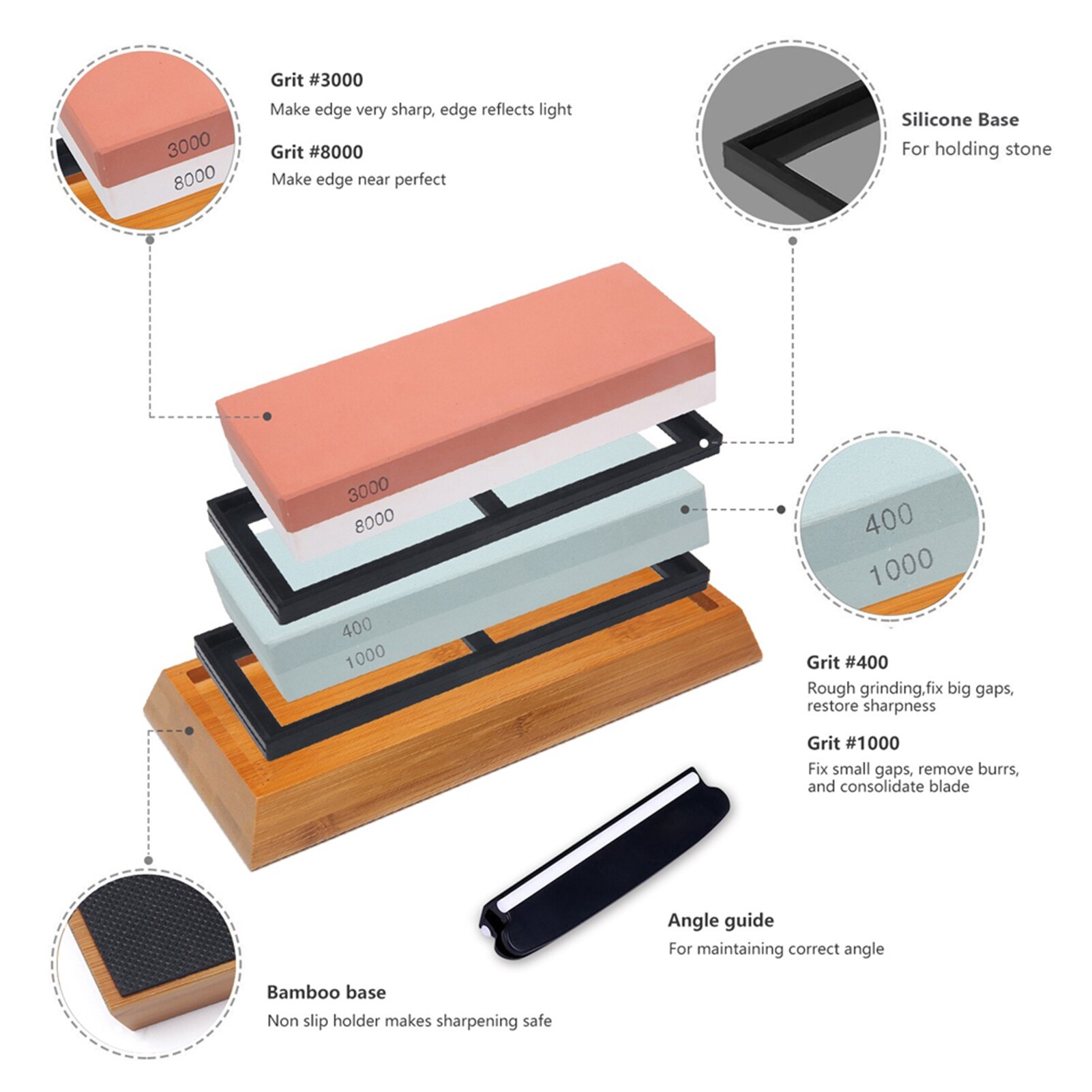 400/1000 3000/8000 Grit Slijpsteen Dubbelzijdig Slijpsteen Cut Set Met Antislip Bamboe Basis En Gratis Hoek gids