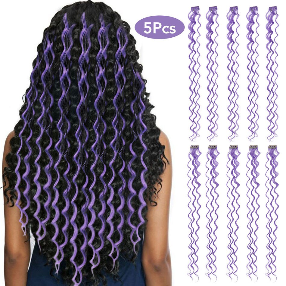 MEEPO pelo sintético con pinza en extensiones de cabello de una pieza oscuro largo onda color destacar de la extensión del pelo para mujeres 5 unids/set: Lilac Purple