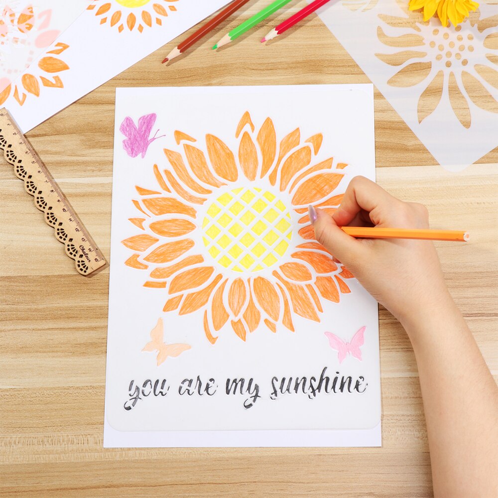 11Pcs/Set Sunflower Painting Stencils Reusable Plants Stencil Template Stencils with Metal Open Ring for DIY Paint Craft Wall