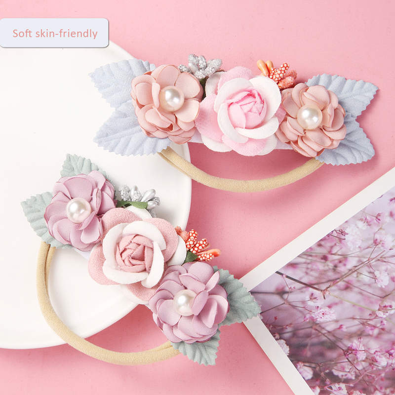 Balleenshiny Children's Headdress Baby Headband Handmade Pearl Stitching Flower Hair Band Seamless Elastic Rubber Hairband