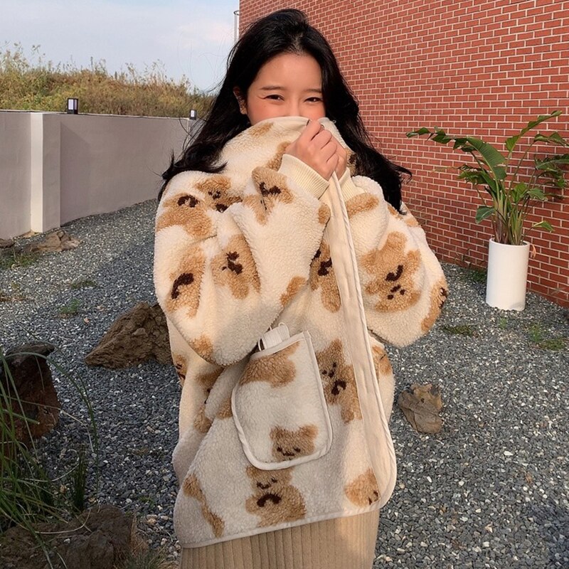 Gagarich-Chaquetas de estilo coreano Ins para otoño e invierno, Impresión de caricatura de oso, cuello en V, Chaqueta de punto cálida de un solo pecho, abrigo corto