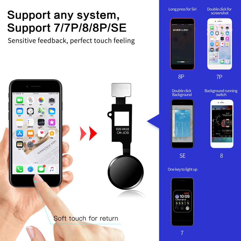 Universal Home Button With Flex Assembly For iPhone 7/7P/8/8P/SE2 Complete Assembly Replacement No Touch ID Touch Edition