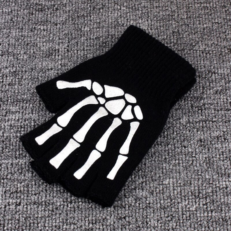 Afdrukken Fluorescerende Skelet Schedel Gebreide Half Vinger Handschoenen Koele Herfst Winter Zwart Ridding Breien Handschoenen Voor Kinderen