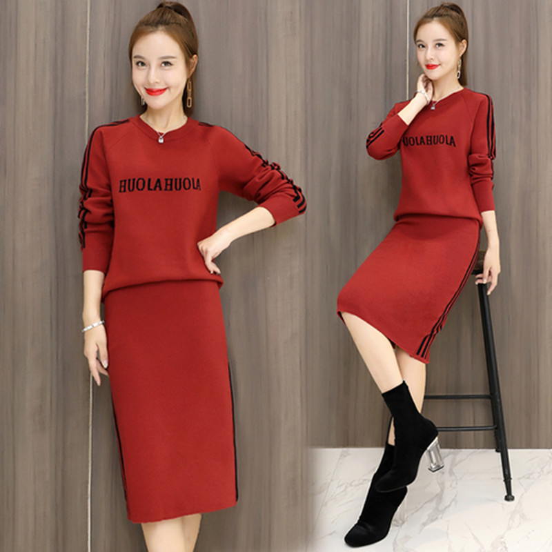 Women's Knit Sweater Dress Set - Long Sleeve O-Neck Pullover + Elastic Waist Mid-Calf Skirt: Fuchsia / XL