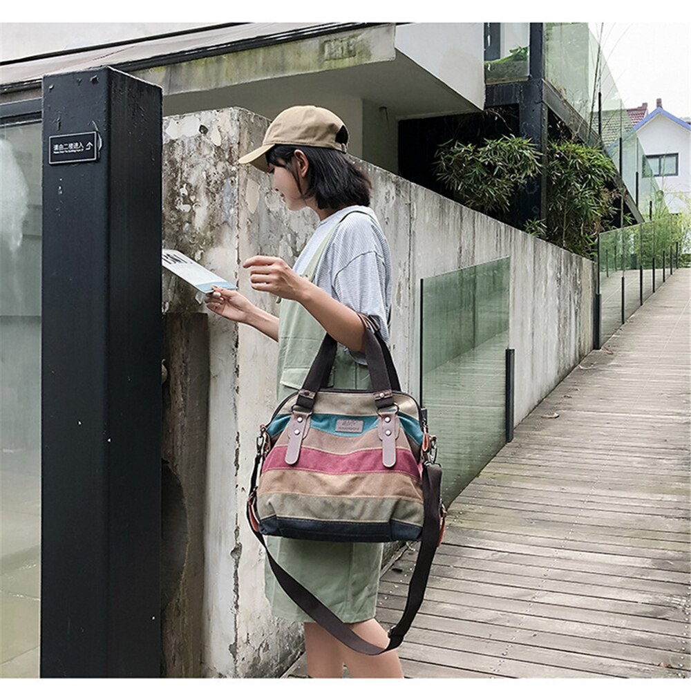 Kvinder lærred skulder multifunktions messenger afslappet by jogging taske stribet shopping stor kapacitet håndtaske