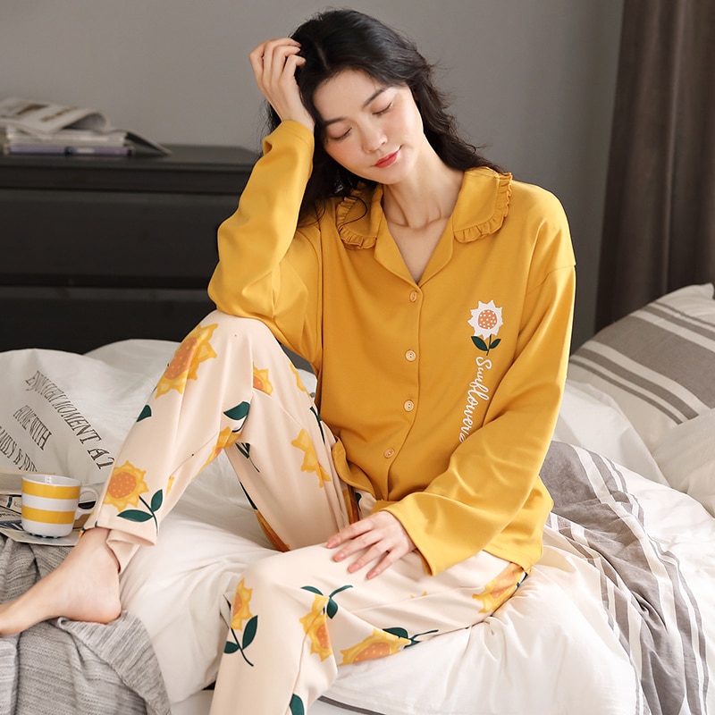 Ensemble pyjama en coton jaune bzel à imprimé – Grandado